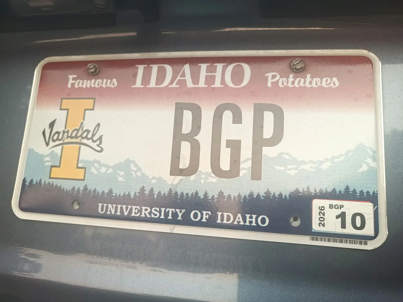 An Idaho license plate reading BGP, on the back of a truck