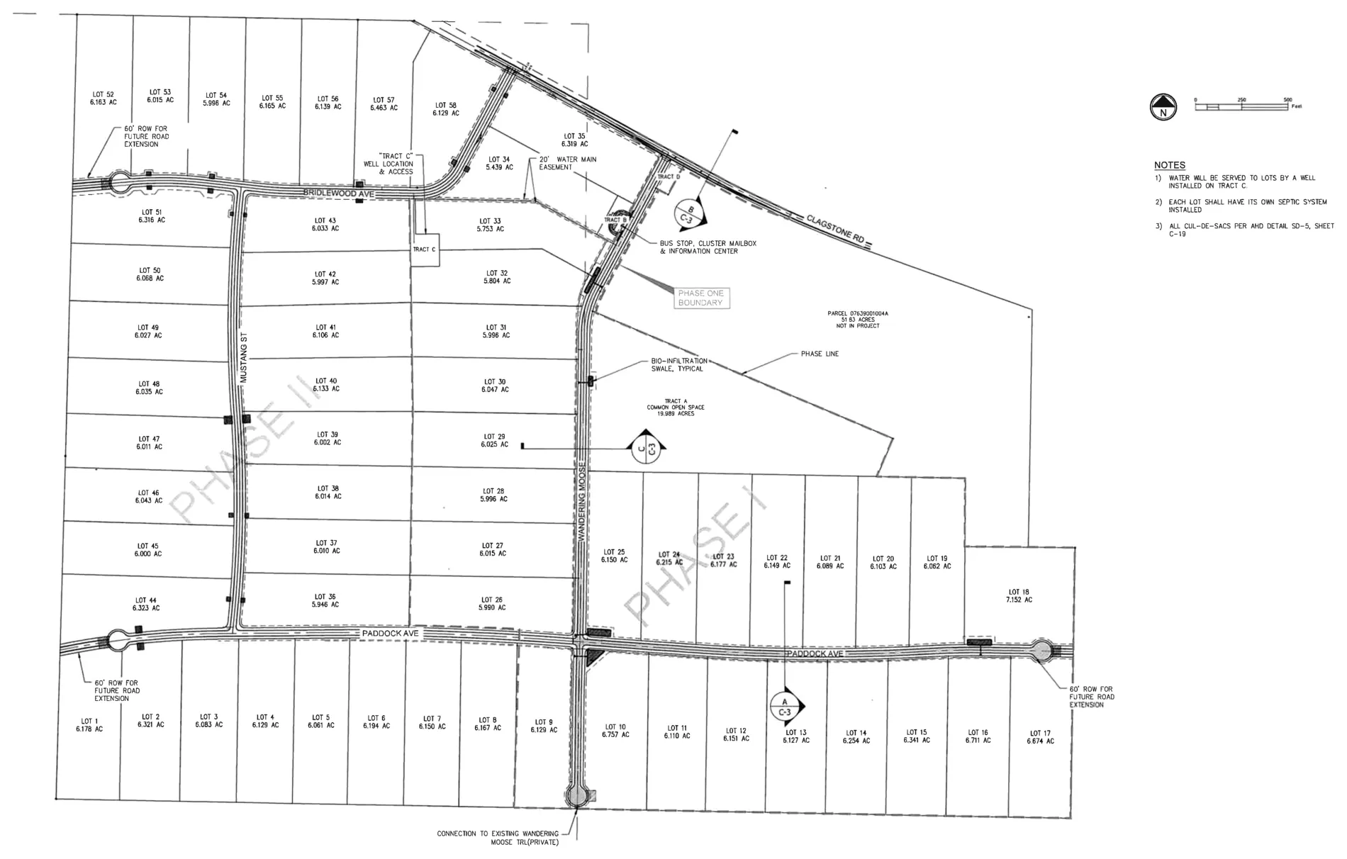 The overall site layout from the approved plans, showing all fifty-eight numbered lots with their acreages, the four streets, and the phase line. Bridlewood Avenue runs along the north and meets Mustang Street at a cul-de-sac on the west, Paddock Avenue runs along the south to a cul-de-sac of its own, and Wandering Moose Road runs north to south through the middle, meeting North Clagstone Road at the top right and the existing private Wandering Moose Trail at the bottom. Tract A is the common open space east of Wandering Moose, Tract B carries the bus stop and cluster mailboxes at the entrance, Tract C is the well location, and bio-infiltration swales are marked along the roads.